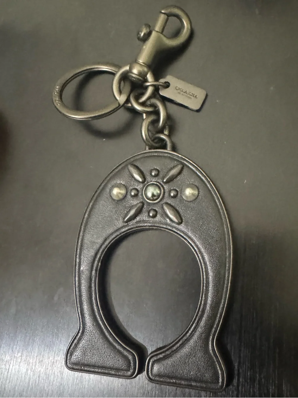 Coach Black Leather and Gunmetal Key Fob with Stud Accents - Picture 2 of 6